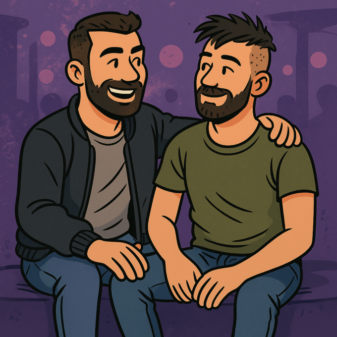Schwules Paar, eng beieinandersitzend – Illustration zu Aktiv- und Passivrollen beim Sex.